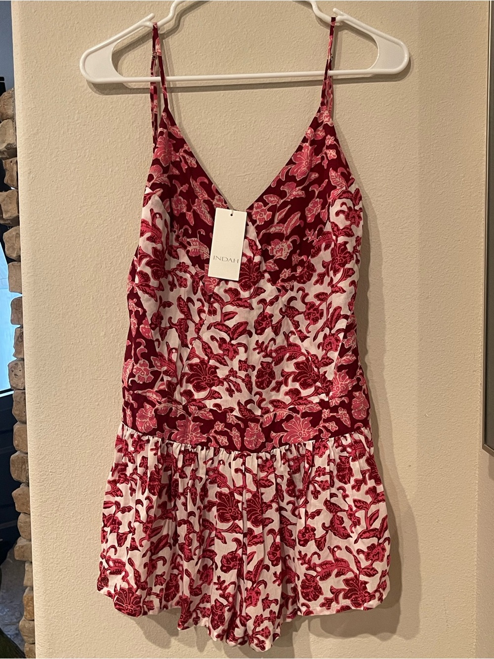 Indah Red and White Floral Lace-Trim Romper